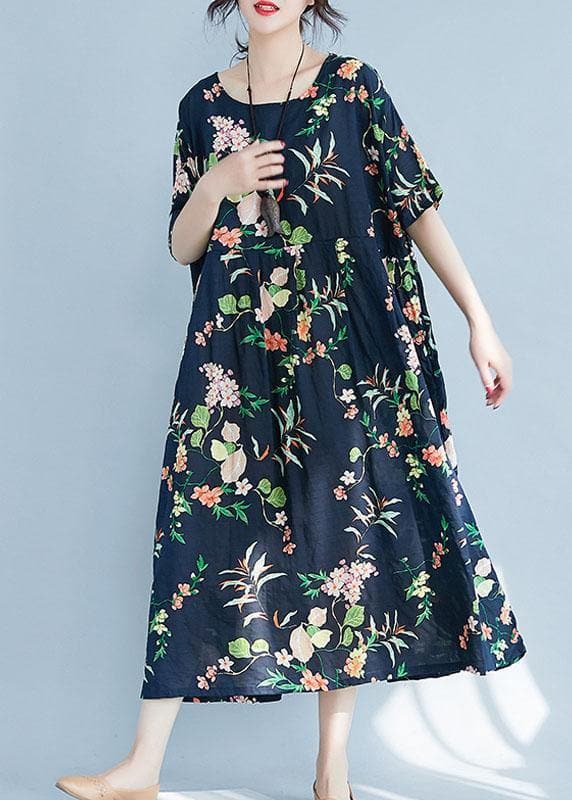 Elegant navy print cotton pattern o neck baggy Maxi Dress SDL200425