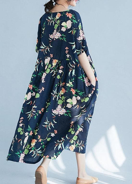 Elegant navy print cotton pattern o neck baggy Maxi Dress SDL200425