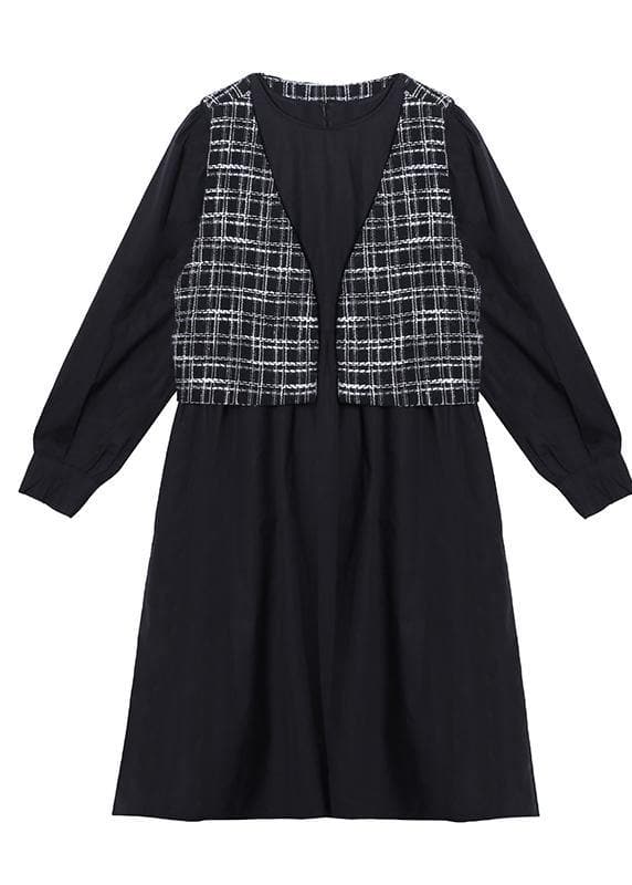 Elegant o neck patchwork plaid clothes Inspiration black Plus Size Dress AT-FDL201105