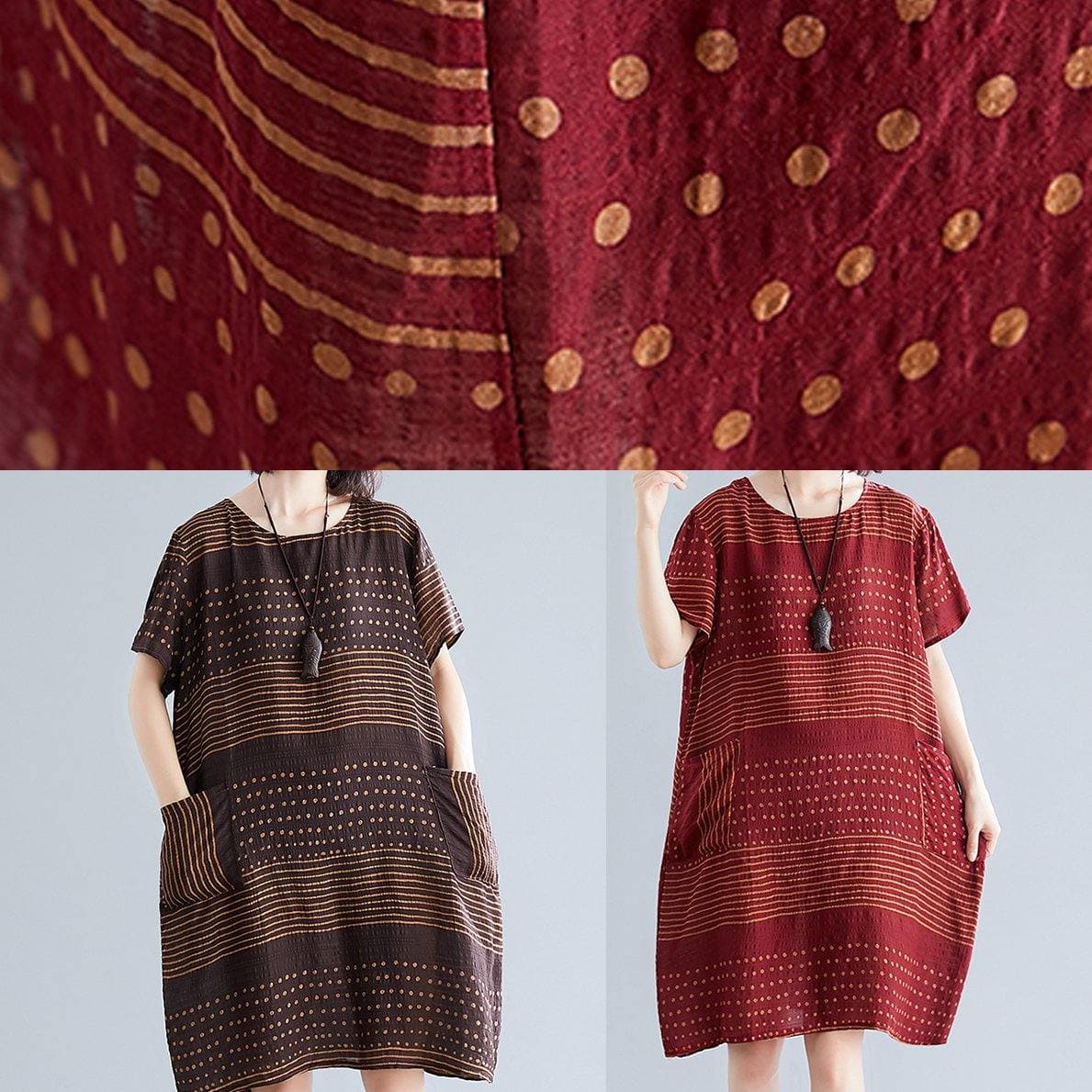 Elegant o neck pockets Cotton quilting dresses Runway burgundy dotted Dress SDM200325