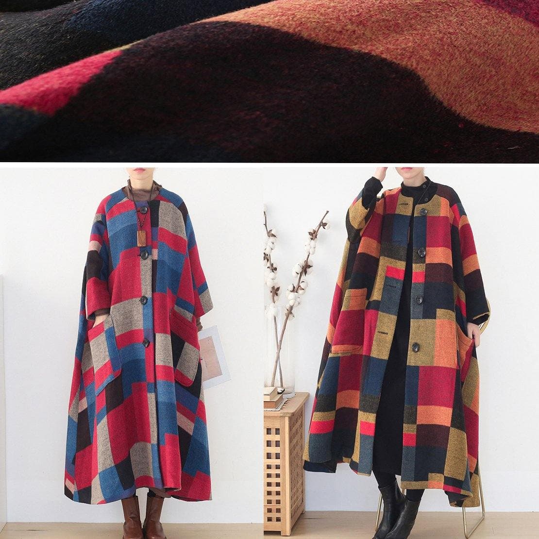 Elegant oversize long coats wild outwear yellow plaid winter wool overcoat AM-TCT201223