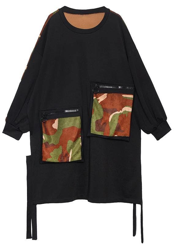 Elegant pockets side open Cotton dresses Shirts black patchwork camouflage Dresses AT-FDM191023