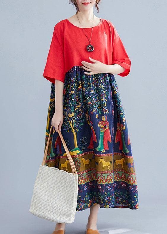 Elegant red patchwork print cotton clothes o neck Robe summer Dresses SDL200425