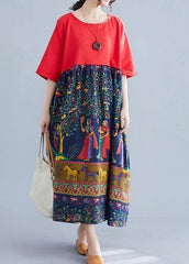 Elegant red patchwork print cotton clothes o neck Robe summer Dresses SDL200425