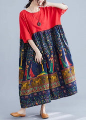 Elegant red patchwork print cotton clothes o neck Robe summer Dresses SDL200425