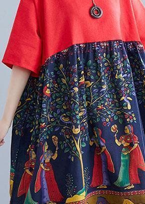 Elegant red patchwork print cotton clothes o neck Robe summer Dresses SDL200425