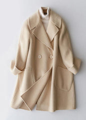 Elegant trendy plus size mid-length coats double breast jackets beige big pockets woolen coats TCT190821