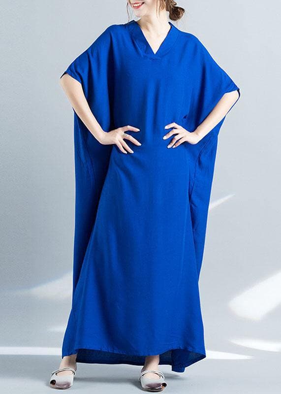 Elegant v neck baggy cotton summer clothes Women pattern blue loose Dress SDL200425