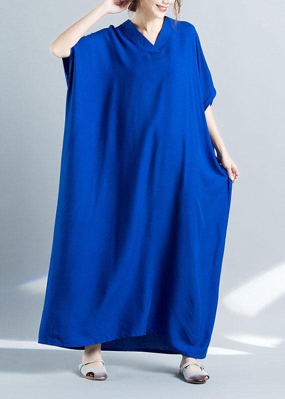 Elegant v neck baggy cotton summer clothes Women pattern blue loose Dress SDL200425