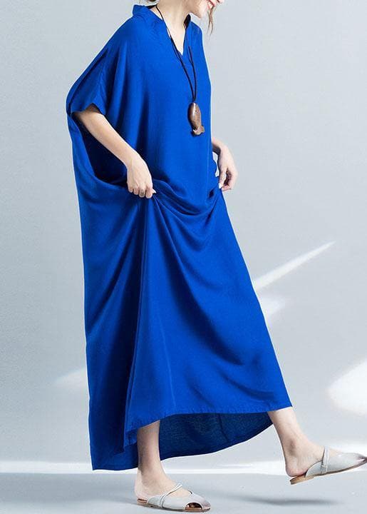 Elegant v neck baggy cotton summer clothes Women pattern blue loose Dress SDL200425