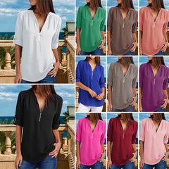 V Neck Zipper Patchwork Plain Blouses luckyidays