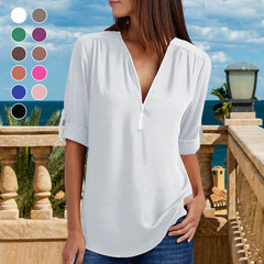 V Neck Zipper Patchwork Plain Blouses luckyidays