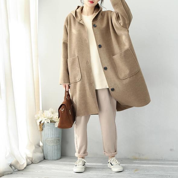 Fashion 2018 Khaki Simple Hoodie Medium Length Woolen Coat For Women CTS181130