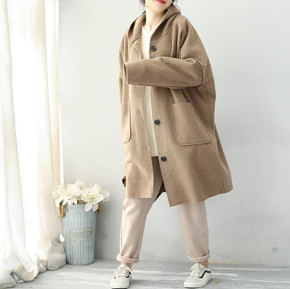 Fashion 2018 Khaki Simple Hoodie Medium Length Woolen Coat For Women CTS181130