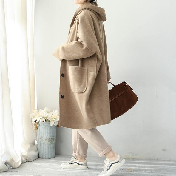 Fashion 2018 Khaki Simple Hoodie Medium Length Woolen Coat For Women CTS181130