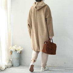 Fashion 2018 Khaki Simple Hoodie Medium Length Woolen Coat For Women CTS181130