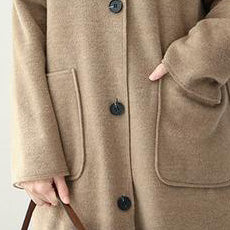 Fashion 2018 Khaki Simple Hoodie Medium Length Woolen Coat For Women CTS181130