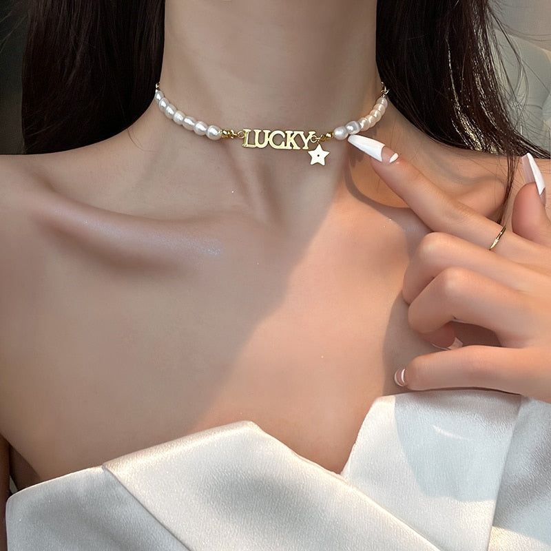 Fashion Baroque Pearl Lucky Letter Necklaces Charm Jewelry XYS0159 Touchy Style