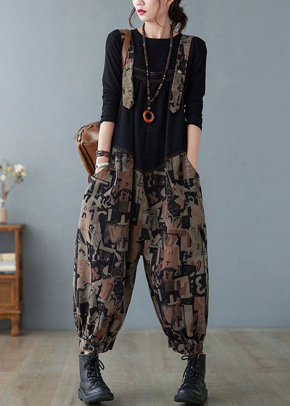 Fashion Black Pockets Button Print Patchwork Fall Pants dylinoshop