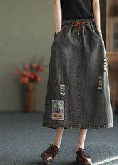 Fashion Black Side Open Embroideried Pockets Cotton Denim Ripped Skirt Summer nz-SKTS220519