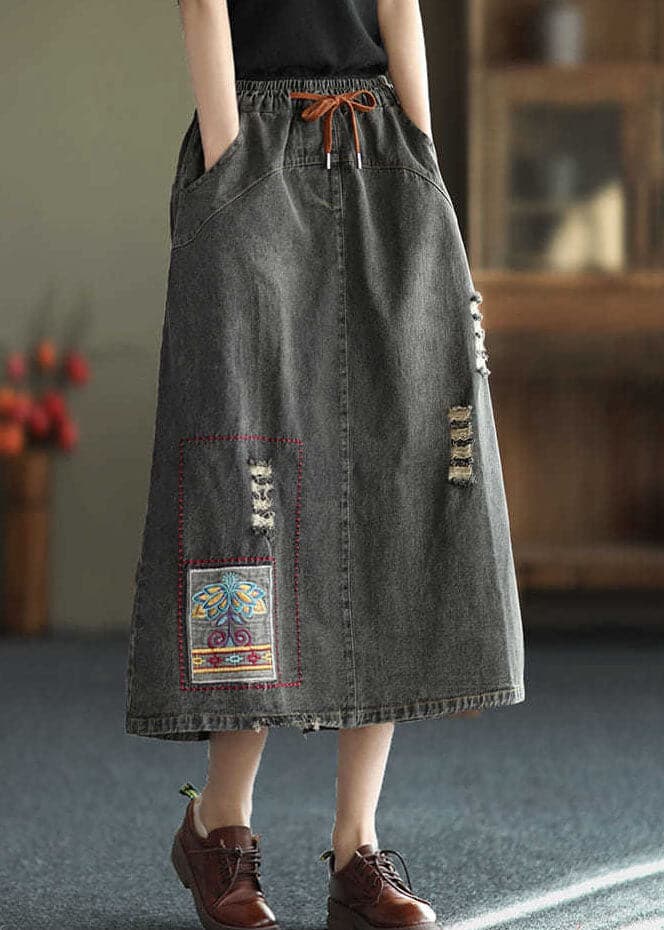 Fashion Black Side Open Embroideried Pockets Cotton Denim Ripped Skirt Summer nz-SKTS220519