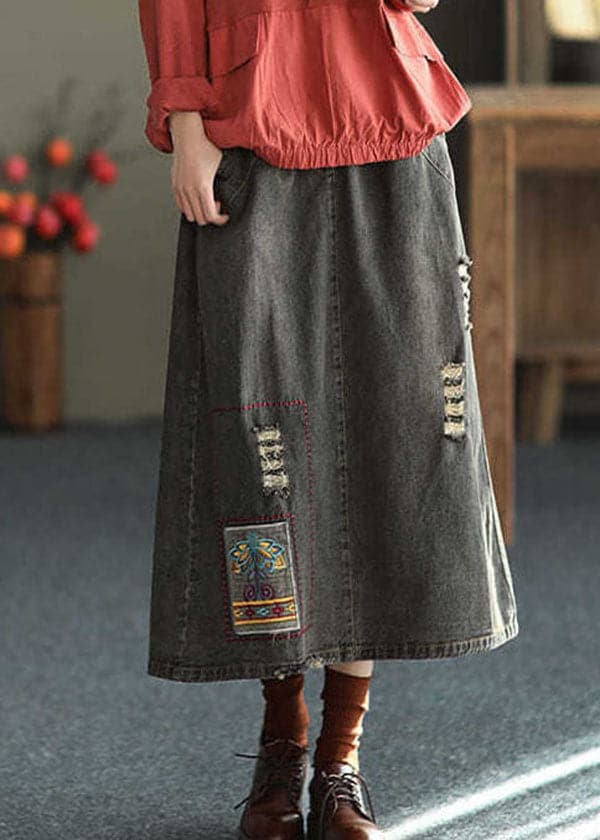 Fashion Black Side Open Embroideried Pockets Cotton Denim Ripped Skirt Summer nz-SKTS220519