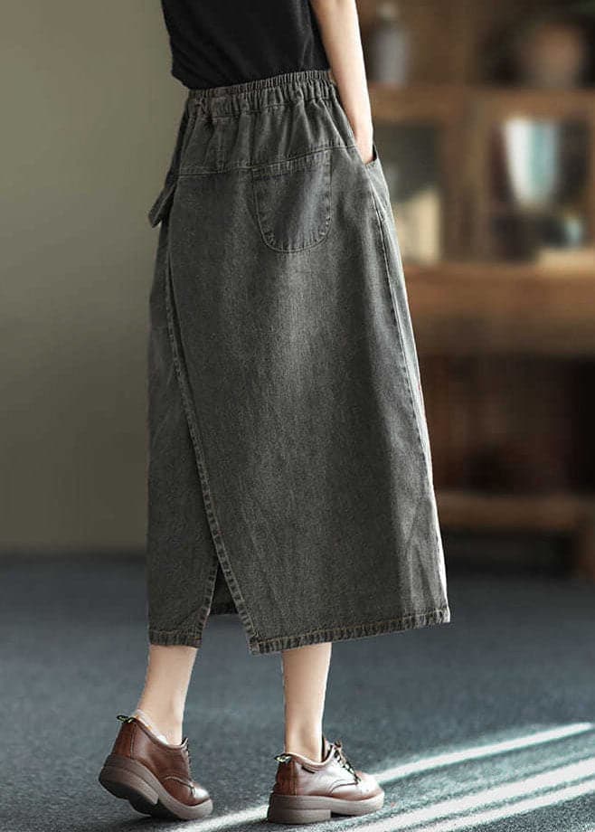 Fashion Black Side Open Embroideried Pockets Cotton Denim Ripped Skirt Summer nz-SKTS220519