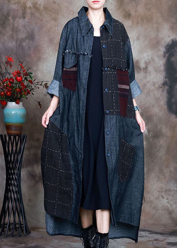 Fashion Blue PeterPan Collar Plaid Patchwork denim Winter Coat ZS-TCT211126