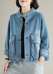 Fashion Blue Stand Collar Button Big Pockets Denim Coat Long Sleeve YLHC-CTS220310