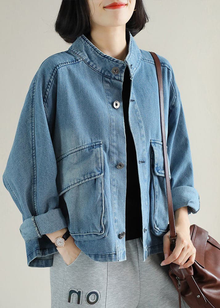 Fashion Blue Stand Collar Button Big Pockets Denim Coat Long Sleeve YLHC-CTS220310