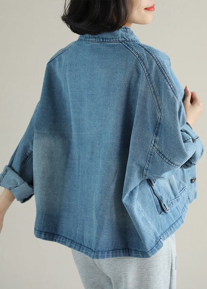 Fashion Blue Stand Collar Button Big Pockets Denim Coat Long Sleeve YLHC-CTS220310