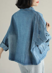 Fashion Blue Stand Collar Button Big Pockets Denim Coat Long Sleeve YLHC-CTS220310