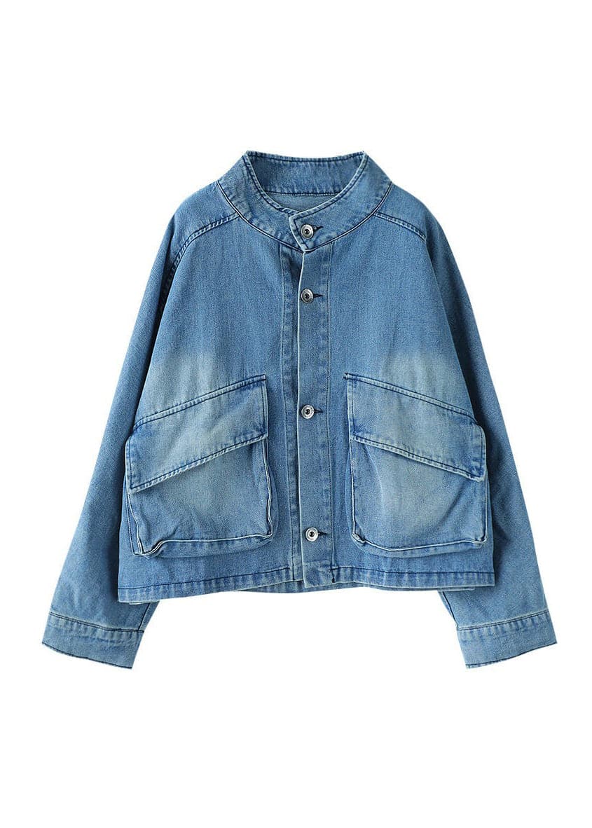 Fashion Blue Stand Collar Button Big Pockets Denim Coat Long Sleeve YLHC-CTS220310