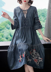 Fashion Blue V Neck Embroideried Cotton Holiday Denim Dress Half Sleeve NZ-FDL220304