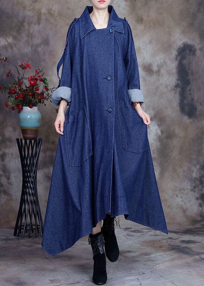 Fashion Blue asymmetrical design button Peter Pan Collar Cotton denim trench Coats Spring ZS-TCT220207