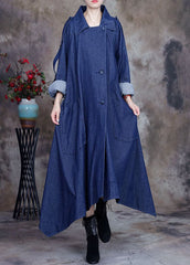 Fashion Blue asymmetrical design button Peter Pan Collar Cotton denim trench Coats Spring ZS-TCT220207