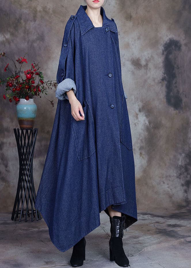 Fashion Blue asymmetrical design button Peter Pan Collar Cotton denim trench Coats Spring ZS-TCT220207