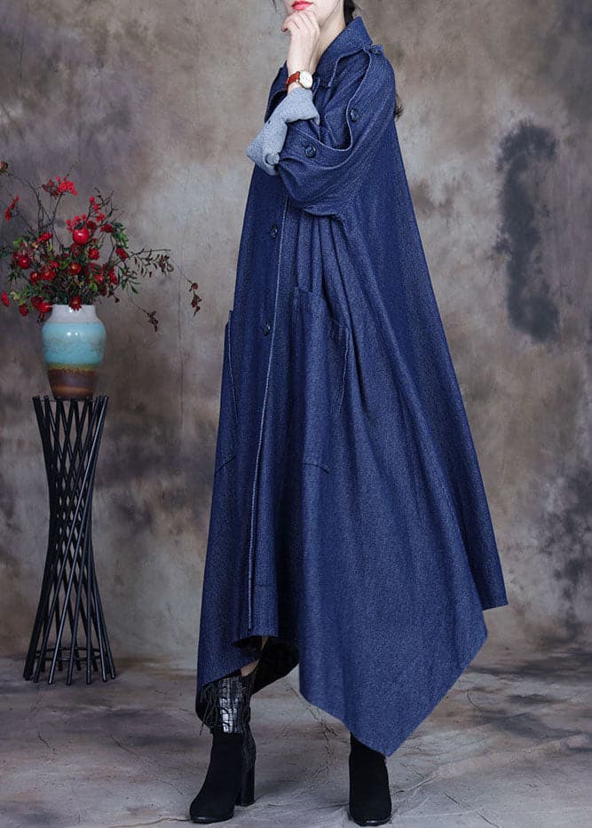 Fashion Blue asymmetrical design button Peter Pan Collar Cotton denim trench Coats Spring ZS-TCT220207