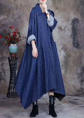 Fashion Blue asymmetrical design button Peter Pan Collar Cotton denim trench Coats Spring ZS-TCT220207