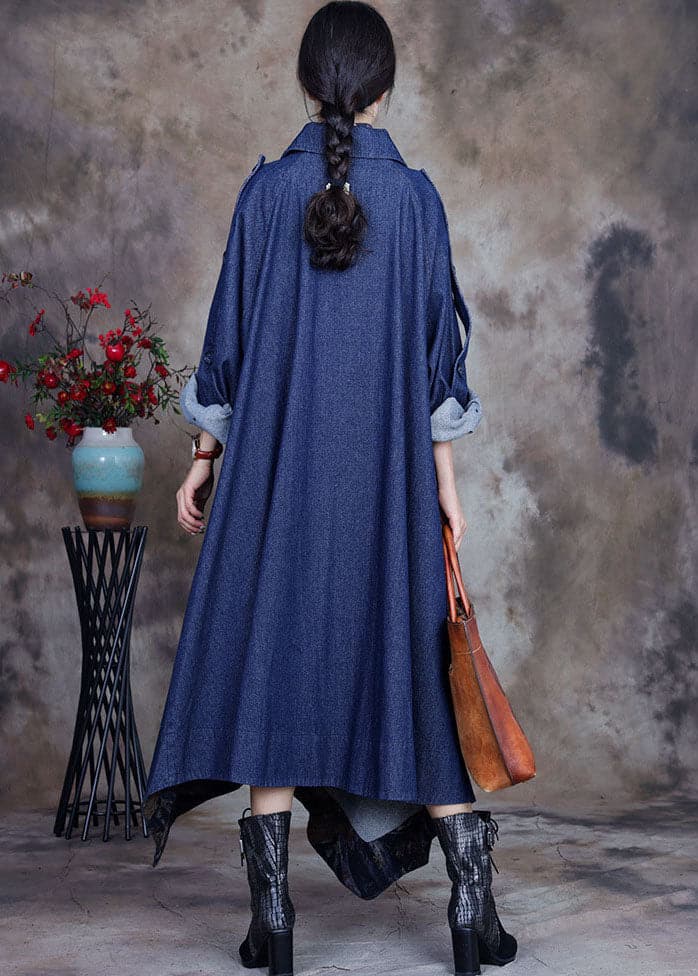 Fashion Blue asymmetrical design button Peter Pan Collar Cotton denim trench Coats Spring ZS-TCT220207