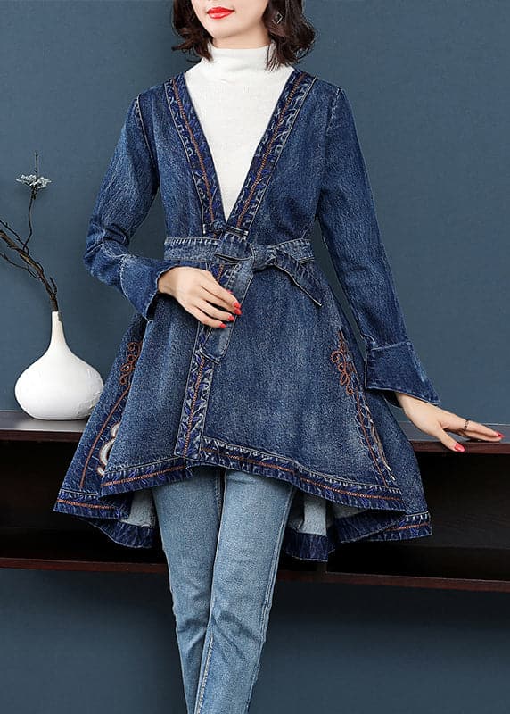 Fashion Blue low high design V Neck Embroideried Cotton Denim trench coats Long Sleeve NZ-TCT220304