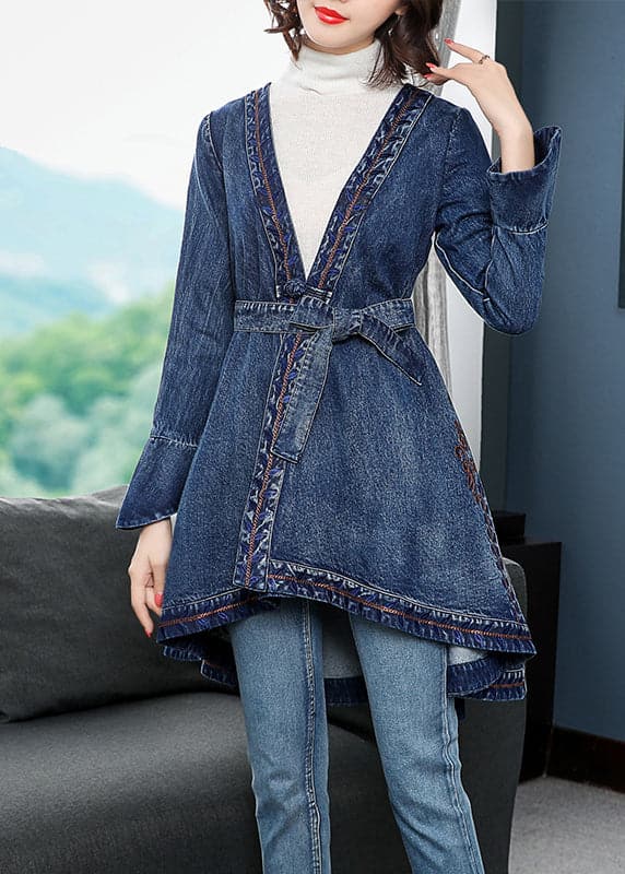 Fashion Blue low high design V Neck Embroideried Cotton Denim trench coats Long Sleeve NZ-TCT220304