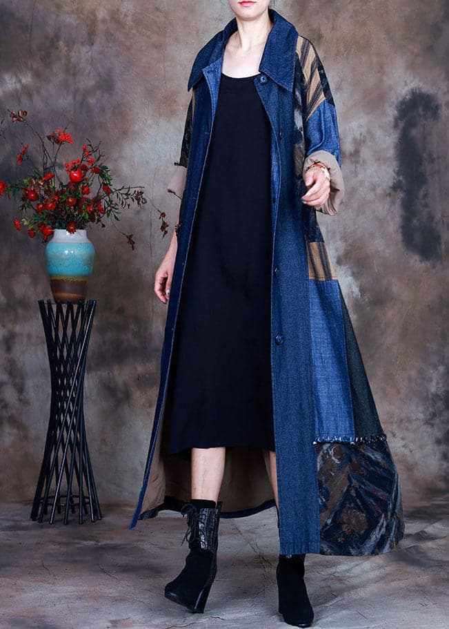 Fashion Blue tie waist Peter Pan Collar Patchwork Cotton denim Trench Spring ZS-TCT220207