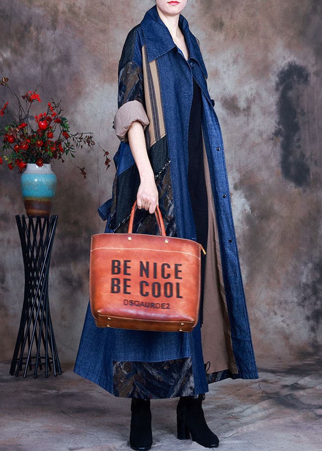 Fashion Blue tie waist Peter Pan Collar Patchwork Cotton denim Trench Spring ZS-TCT220207