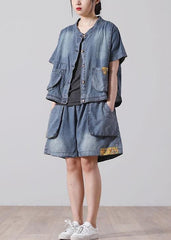 Fashion Button Blue Short Sleeve tops hot pants Denim Two Piece Suit Set WG-STP210531