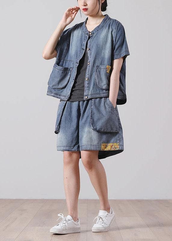 Fashion Button Blue Short Sleeve tops hot pants Denim Two Piece Suit Set WG-STP210531