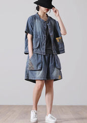 Fashion Button Blue Short Sleeve tops hot pants Denim Two Piece Suit Set WG-STP210531