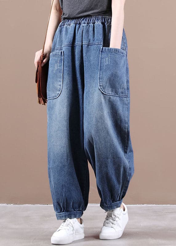 Fashion Denim Blue Elastic Waist Pockets Patchwork Cotton Harem Pants Fall WG-LPTS220722