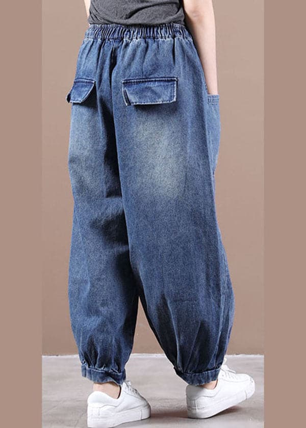 Fashion Denim Blue Elastic Waist Pockets Patchwork Cotton Harem Pants Fall WG-LPTS220722