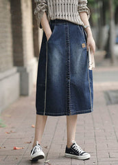 Fashion Denim Blue High Waist Pockets Patchwork Side Open Cotton Skirts Summer nz-SKTS220519